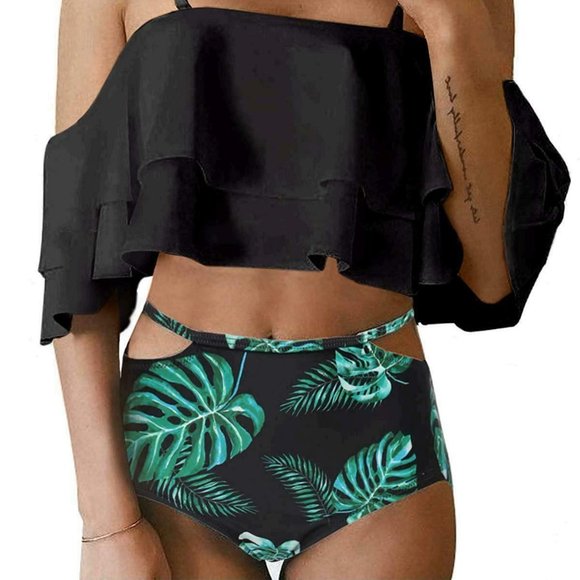 Tempt Me Other - NWT Tempt Me Black & Green Ruffle Off-Shoulder Swimsuit - Women's Size M